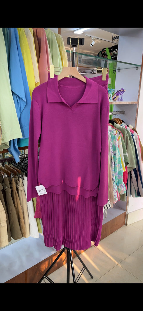 Winter Collar Down Sweaters With Pleated Skirt Sets